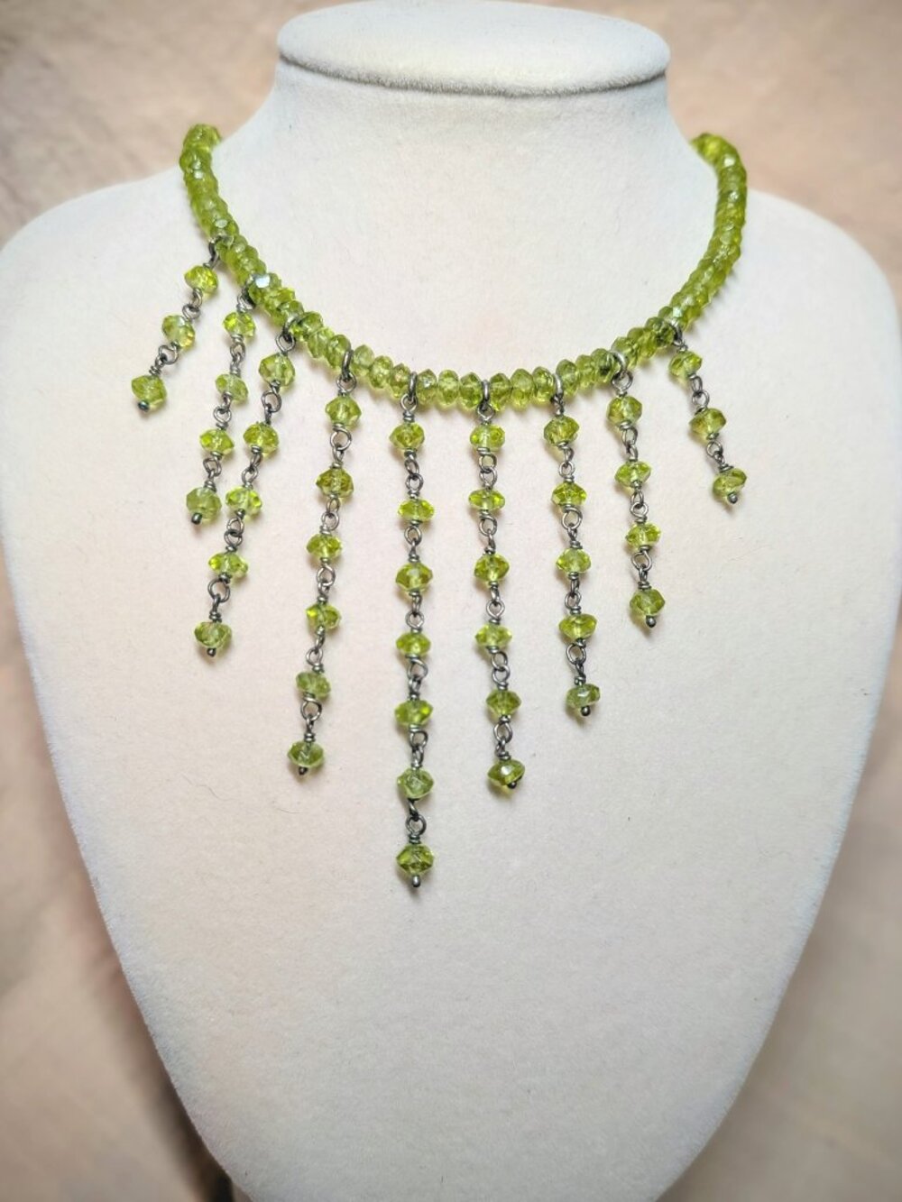 Green Faceted Peridot Fringe Necklace 925 Sterling Silver Clasp Statement 16"